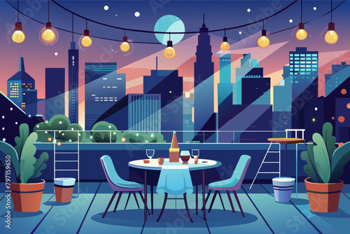 Rooftop dinner setting with panoramic city views, twinkling fairy lights, and sleek, modern furniture