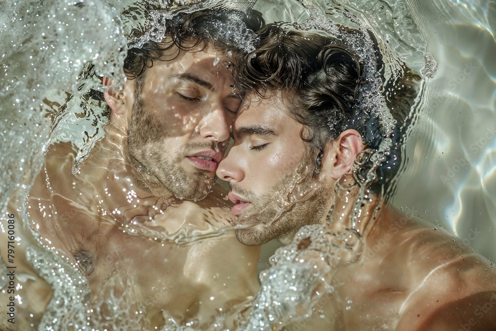 Fototapeta premium Two men in love, gay couple, LGBTQ+, young men kissing and hugging