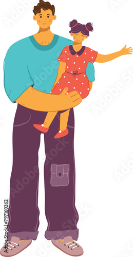 Father holding daughter, man smiling girl, child waving, happy family moment, casual attire, parentchild bonding, cheerful expressions, colorful outfits, standing pose, white background. Young girl