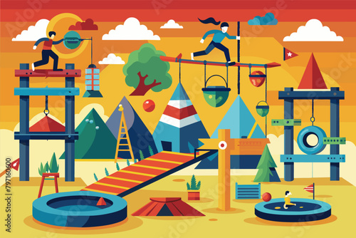 Ninja warrior playground with obstacle courses, balance challenges, and agility tests