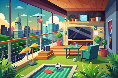 Luxury sports fan balcony with a mini putting green, sports memorabilia, and a widescreen TV