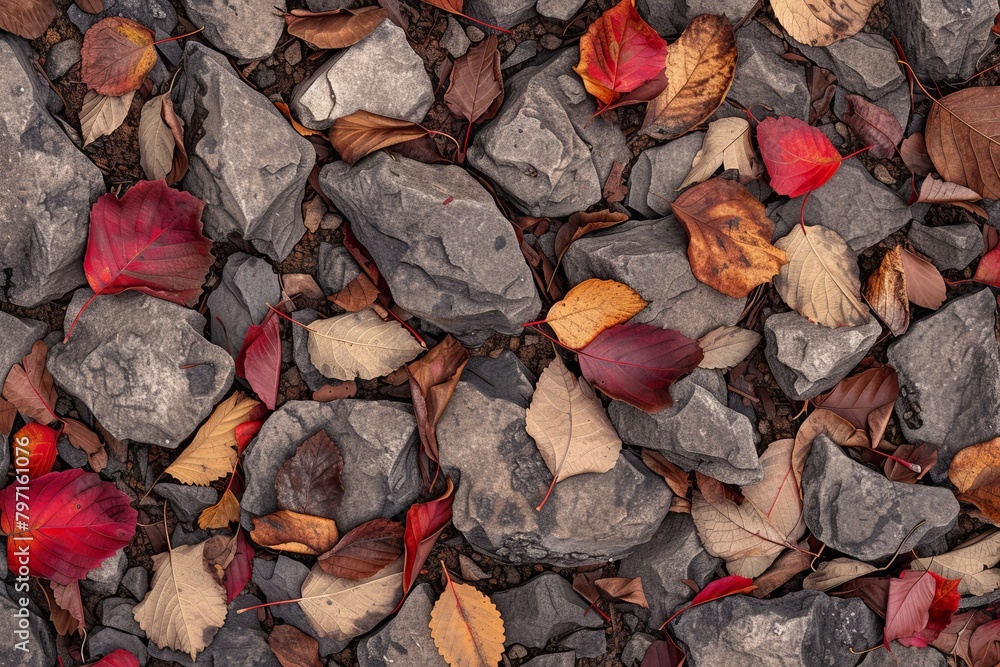 Autumn leaves scattered on a rocky ground
