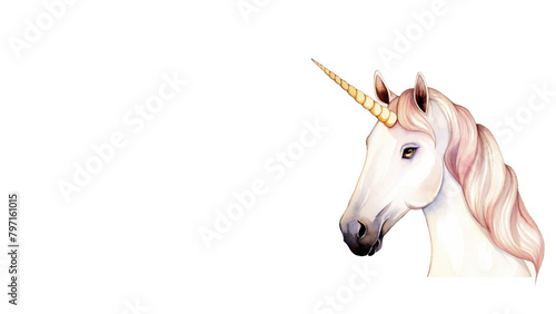 Watercolor portrait of unicorn isolated on white background with space for text
