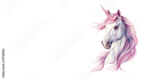 Watercolor portrait of unicorn isolated on white background with copy space