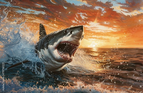 Great white shark leaping from ocean at sunset