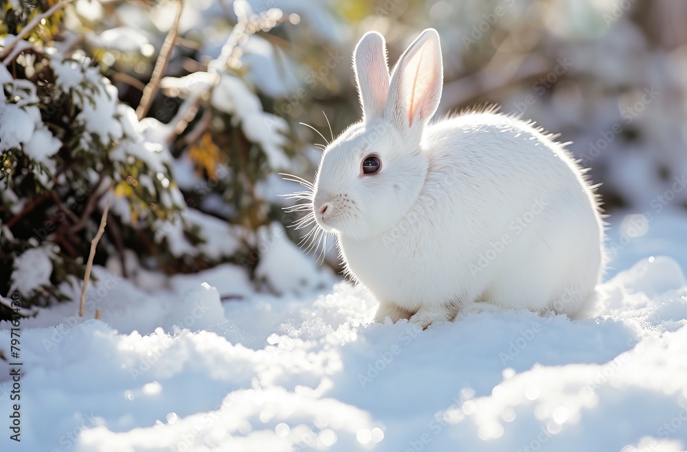 White rabbit in a snowy setting White rabbit in a snowy setting