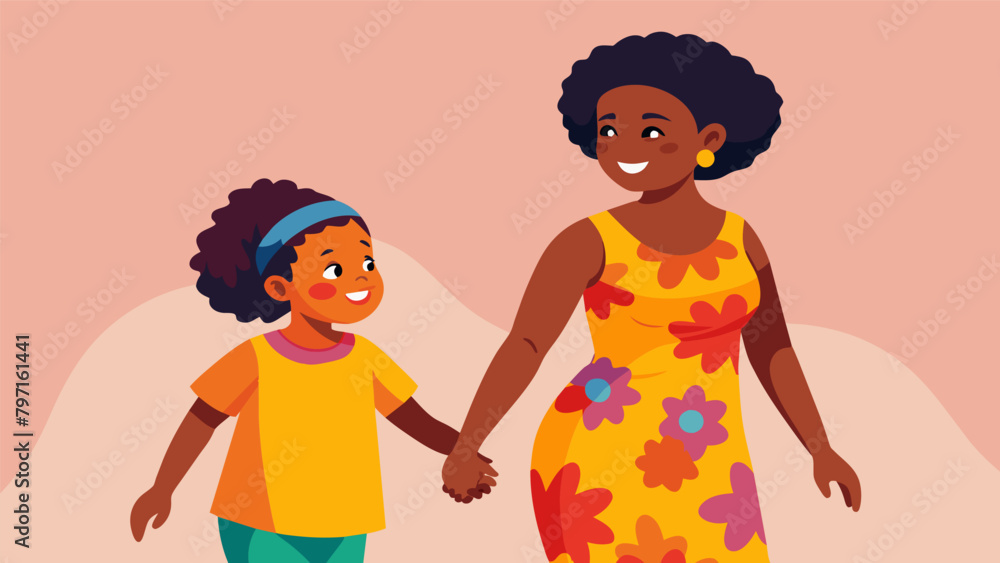 A mother and daughter wearing matching outfits made from colorful handdyed Adire cloth walking hand in hand with big smiles on their faces.. Vector illustration