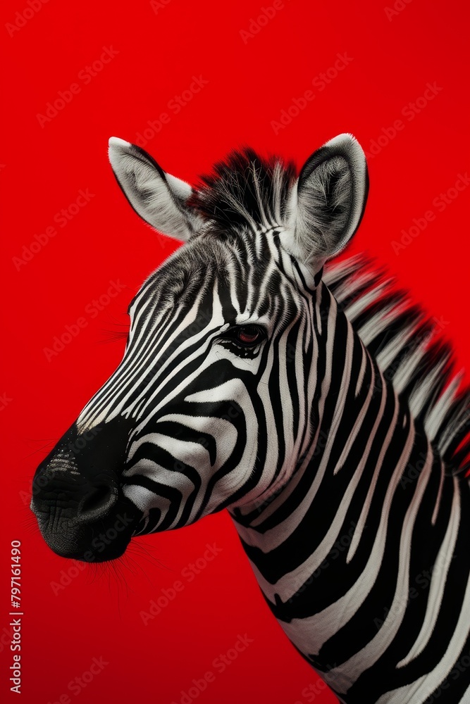 Zebra portrait on a vibrant red background Zebra portrait on a vibrant red background