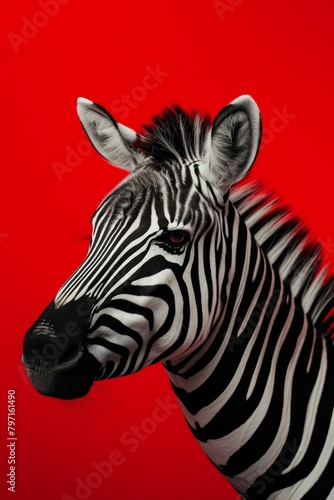 Zebra portrait on a vibrant red background