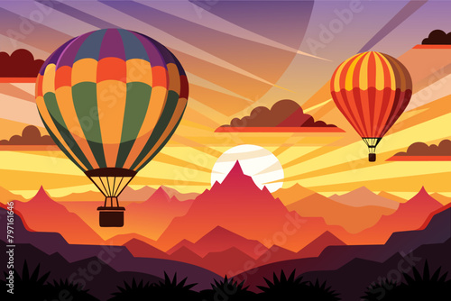 Hot air balloons at sunrise, silhouetted against a brightening sky