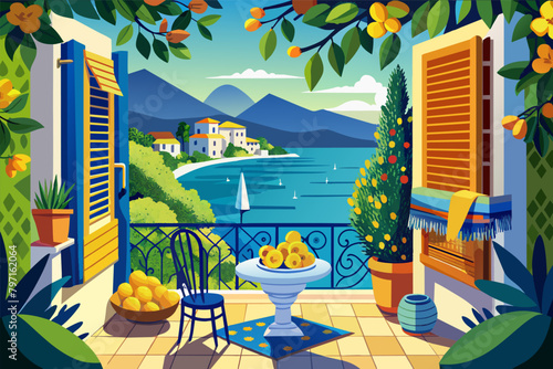 French Riviera chic balcony with a lemon tree, Provencal fabrics, and a view of the azure sea