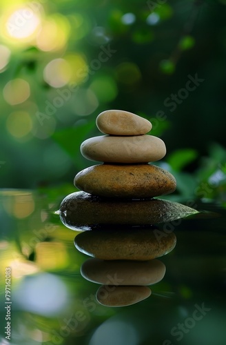 Zen stones in balance by tranquil water