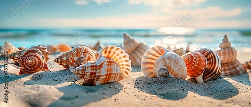 Starfish and seashells on seashore - beach holiday background. Generative AI.