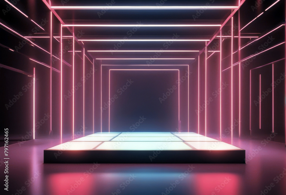 'reality neon stage laser spectrum background virtual fashion screen abstract 3d frame blank show render ultraviolet club floor podium poduim three-dimensional light room futuristic cyber'