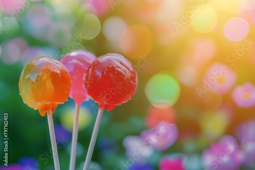 Colorful lollipops with a blurred garden background