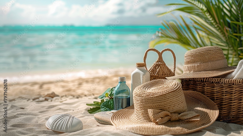 Beach bag essentials arranged on a tropical shore backdrop
