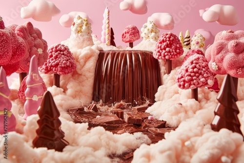 Fantasy Chocolate Landscape with Candy Trees and Cotton Candy Clouds