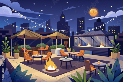 Envision a rooftop dining experience under the stars, with fire pits and cozy seating areas creating a magical ambiance