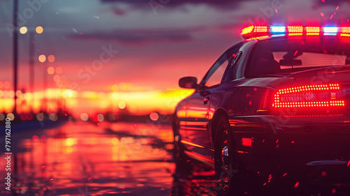 Dawn's early light on a squad car with red and blue lights flashing