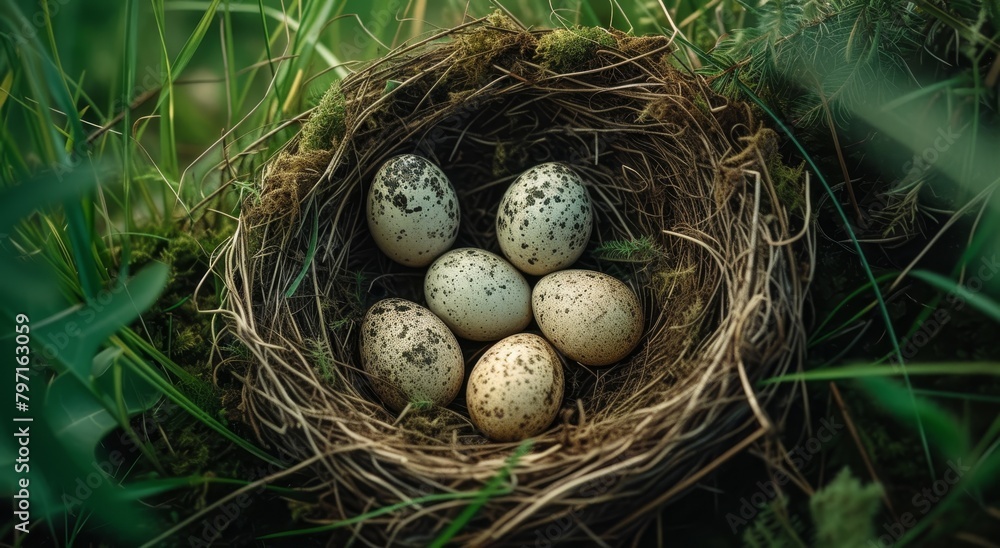 Bird eggs nestled in a natural nest among greenery Bird eggs nestled in a natural nest among greenery