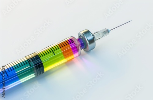 Colorful liquid in a syringe on a white background