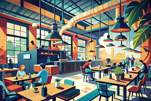 Envision a modern bistro with industrial decor and a lively atmosphere buzzing with energy