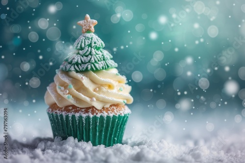 Festive Christmas Cupcake with Snowy Background