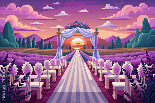 Dreamy lavender field wedding setup, with a floralframed aisle leading to a sunset ceremony