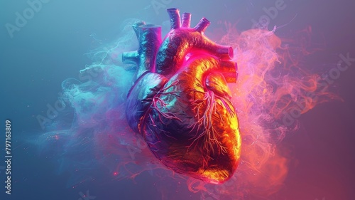 Stylized human heart with vivid hues and anatomical details photo