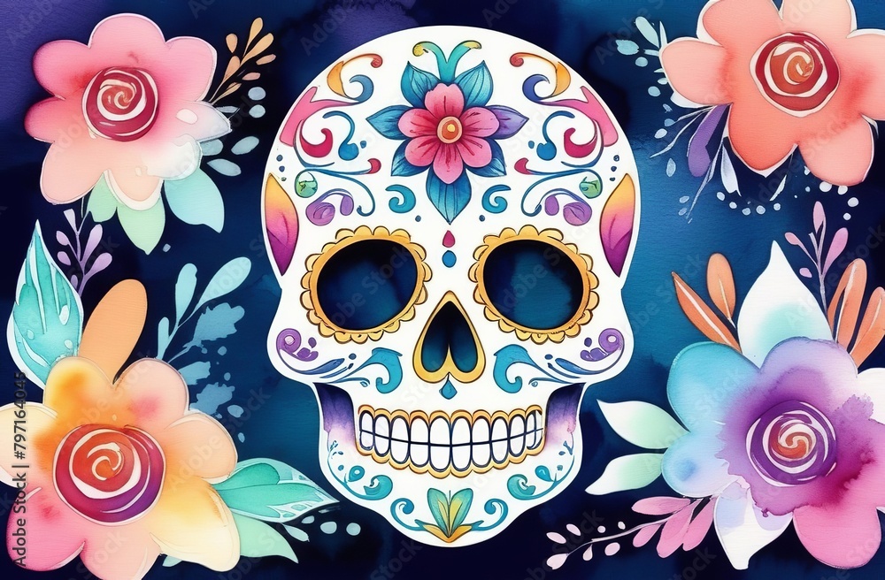 Sugarskull with watercolour flowers. Dia de Muertos, day of Dead traditional holiday celebration. Cinco de Mayo. Mexican national symbol. Skeleton Skull with Floral ornament