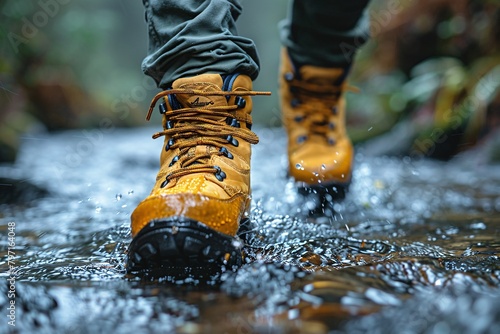 View from mountains - Hiking hiker traveler landscape adventure nature outdoors sport background panorama - Close up of feets with hiking shoes from a man or woman walking in the river