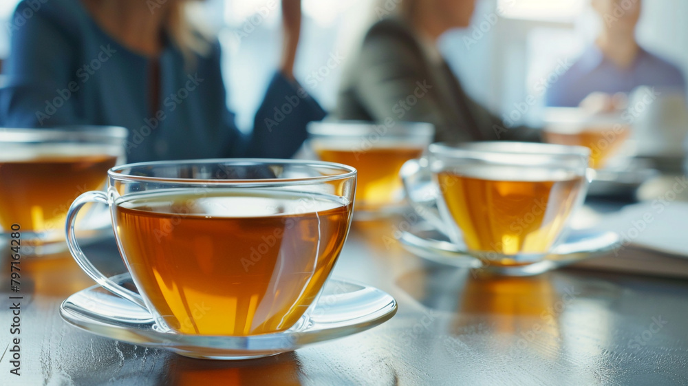 cups of tea on the office table backdrop, together with employees. cups of tea on the office table backdrop, together with employees.