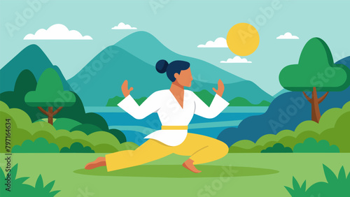 A person practicing martial arts outdoors surrounded by nature as they incorporate meditation in between sets to improve their mindbody
