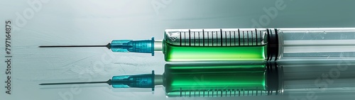 Syringe with green liquid on reflective surface photo