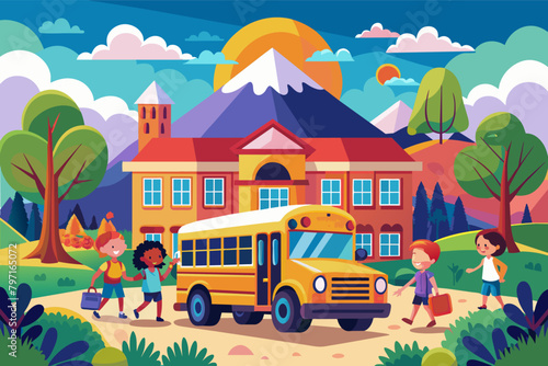 A vibrant school bus parked in front  picturesque school, children disembarking