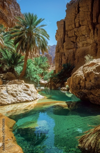 Oasis with Palm Trees and Clear Water in a Desert Canyon