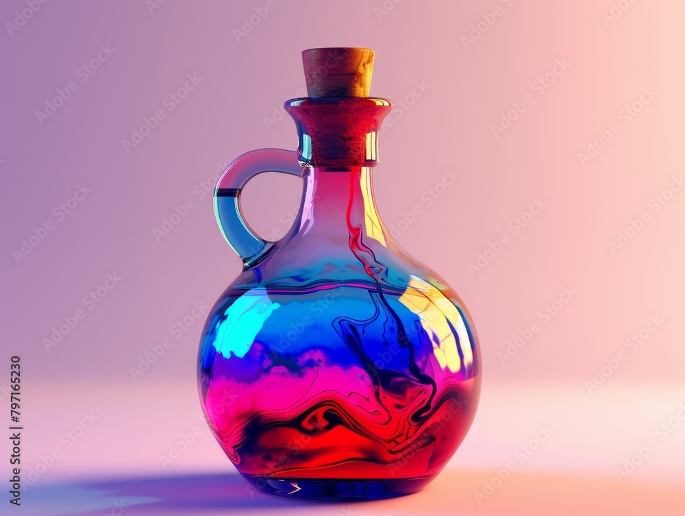 Colorful liquid in a glass bottle on a vibrant background Colorful liquid in a glass bottle on a vibrant background