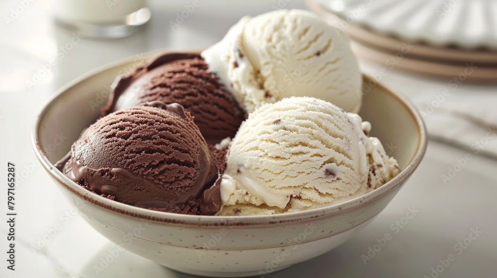 Scoops of rich chocolate and vanilla ice cream in a bowl Scoops of rich chocolate and vanilla ice cream in a bowl