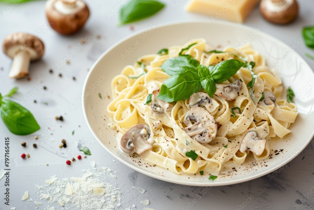 Delicious creamy fettuccine pasta with mushrooms and fresh basil