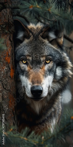 Intense Wolf Gaze Through the Trees