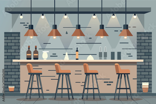 A trendy bar with a concrete bar top, metal bar stools, and exposed filament bulbs hanging from the ceiling