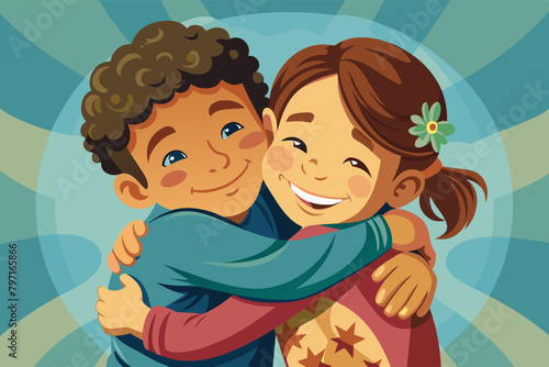 A sweet moment captured between siblings as they share a hug and a smile, surrounded by colorful autumn leaves