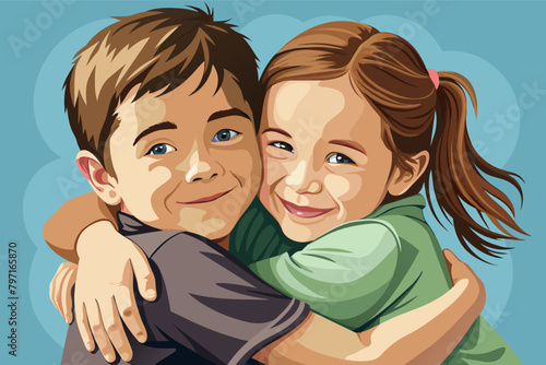 A sweet moment captured between siblings as they share a hug and a smile, surrounded by colorful autumn leaves