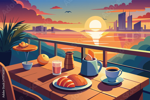 A sunrise breakfast on the balcony, with warm colors reflecting off the calm sea