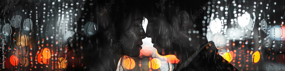 Witness the intimate embrace of a young couple, illuminated by the city lights, in this captivating close-up.