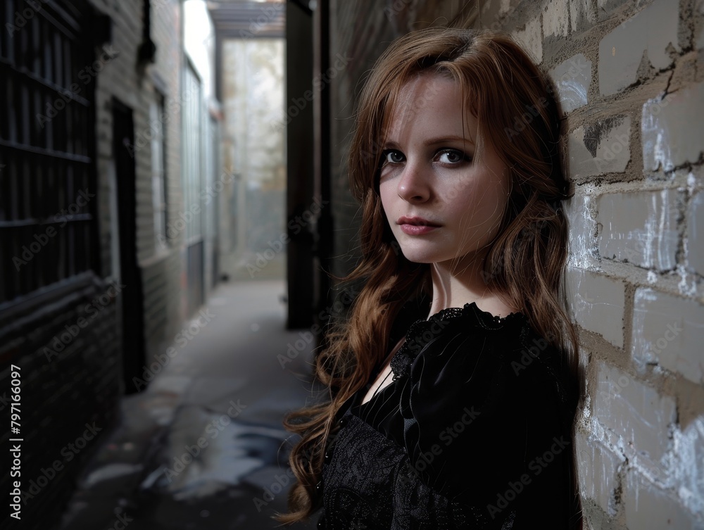 Young woman in an alleyway looking over her shoulder