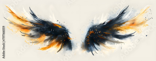 Angel wings, modern, colorful and arty interpretation of angel mythology, bright grunge background. A magic inspiration, beautiful mystic wall art, poster, tattoo template etc.