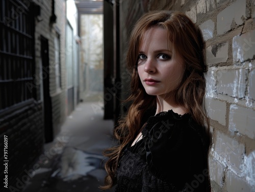 Young woman in an alleyway looking over her shoulder