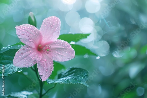 Dew-kissed Pink Flower in Lush Greenery