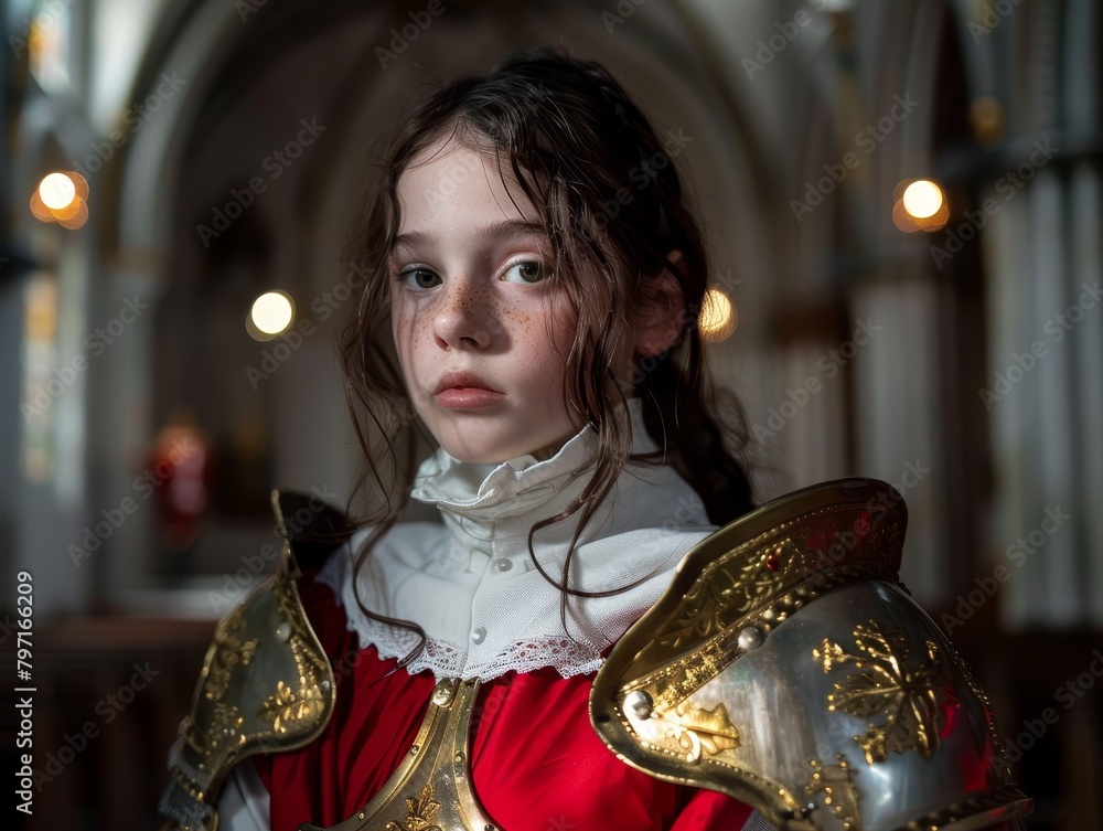 Young girl in historical costume posing inside a church